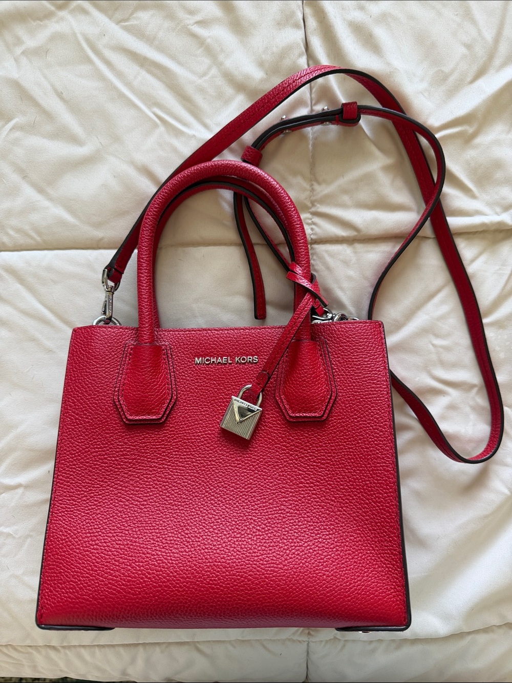 Michael Kors Bright Red Leather Extra Small Satchel with Lock Charm